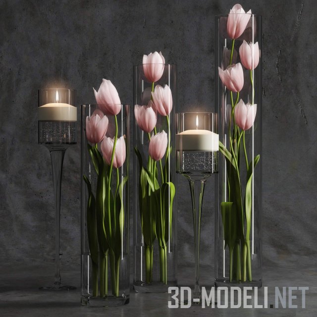 Розовые тюльпаны в стеклянных вазах и свечи