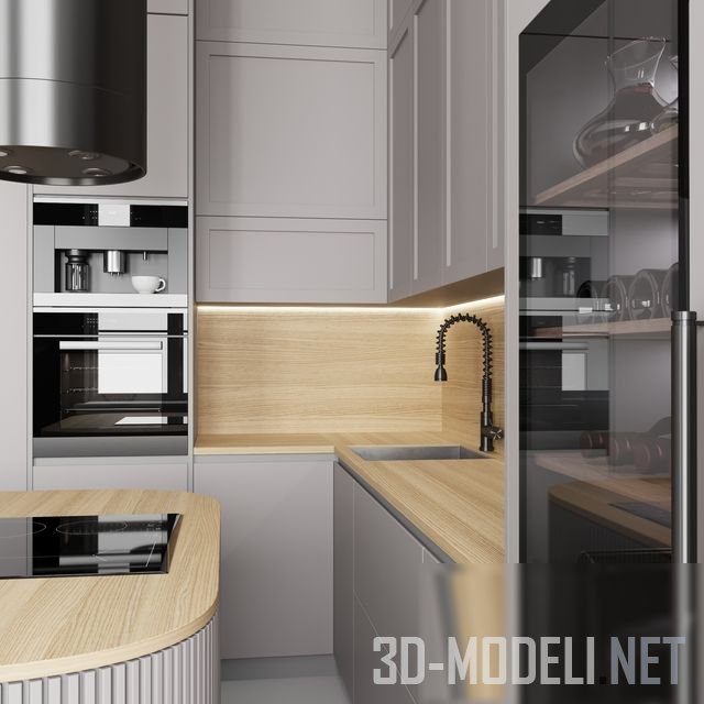 3D модель – Угловая кухня с островом и техникой