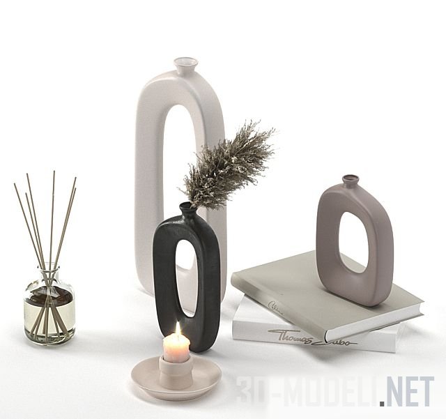 3D модель – Три вазы, книги и свеча