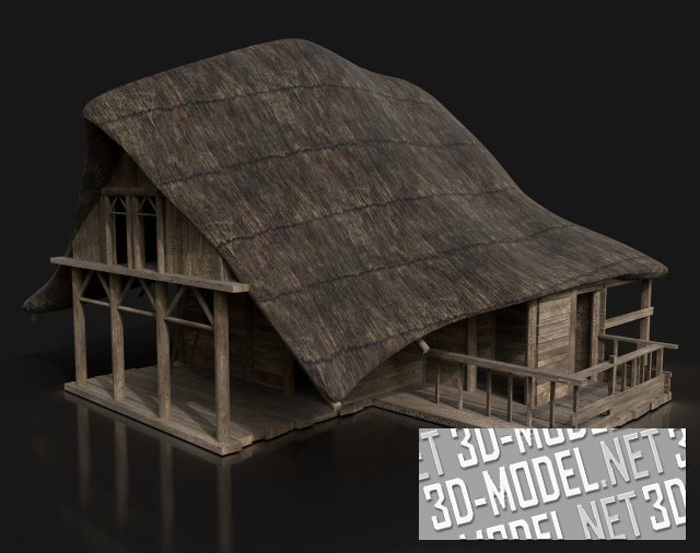 Деревянный домик с соломенной крышей Low-Poly