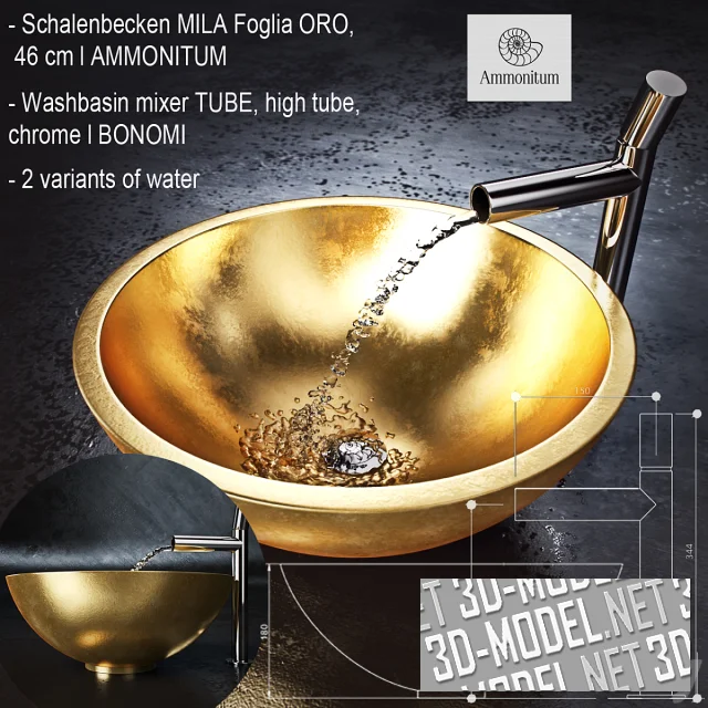 3d-модель Раковина MILA Foglia ORO AMMONITUM и кран Bonomi Tube
