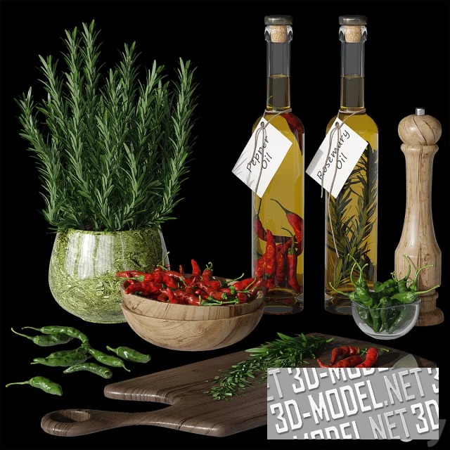 3d-модель Декор и продукты (перец чили, розмарин, масло)