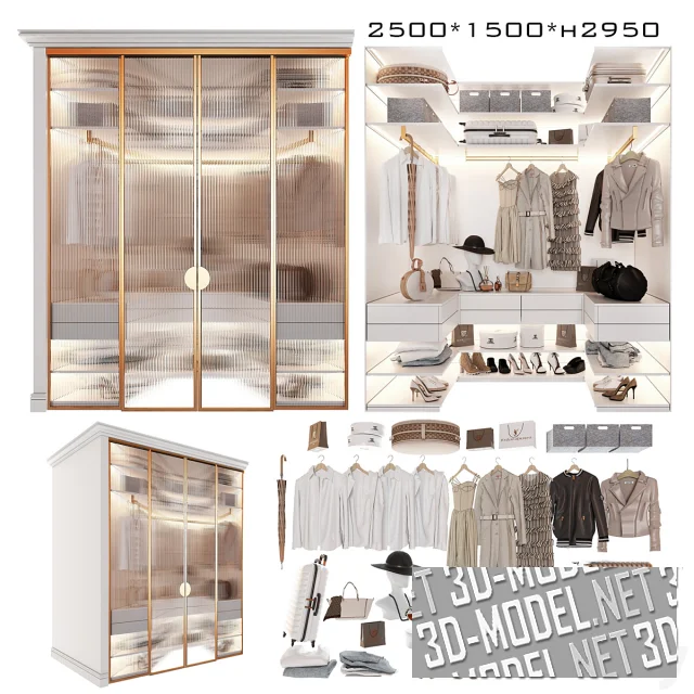 3d-модель Гардеробный шкаф с одеждой и обувью