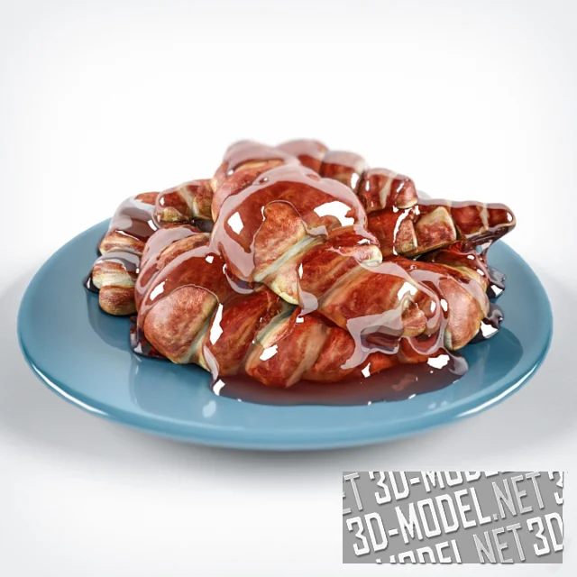 3d-модель Круассаны с медом, на голубой тарелке