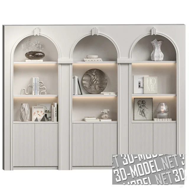 3d-модель Пристенный шкаф с арками, полками и аксессуарами