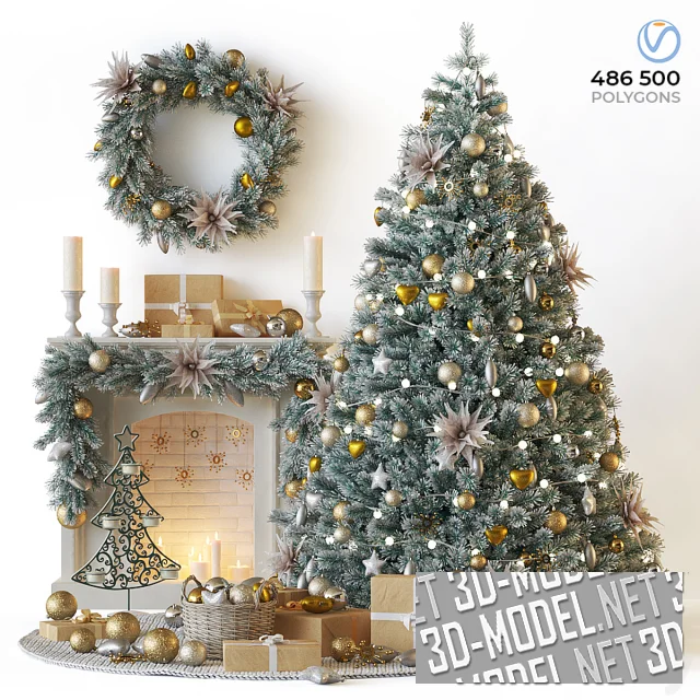 3d-модель Рождественская елка с камином и праздничным декором