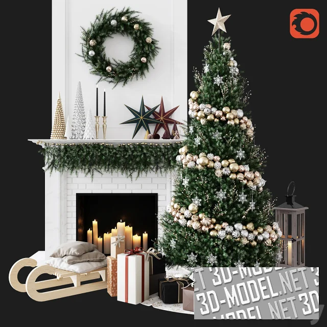 3d-модель Елка с золотыми шарами и камин с декором