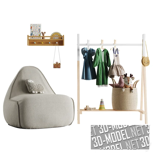 Полка Autumns Corner Peg Rail, пуф Serena & Lily Newport и вешалка Вешалка Childhome Tipi