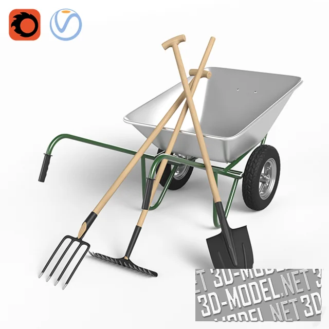 3d-модель Садовая тачка, лопата, грабли и вилы