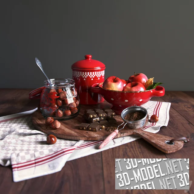 3d-модель Яблоки, шоколад и фундук на подносе