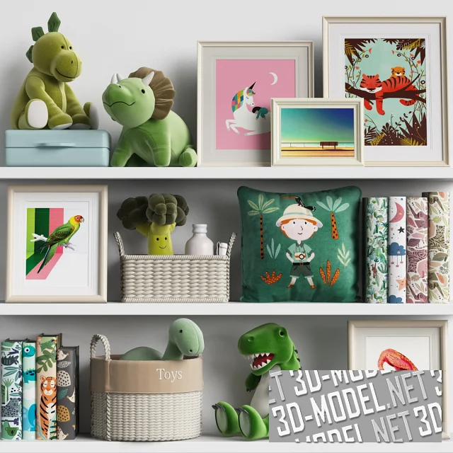 Зеленые игрушки, книги и постеры для полок