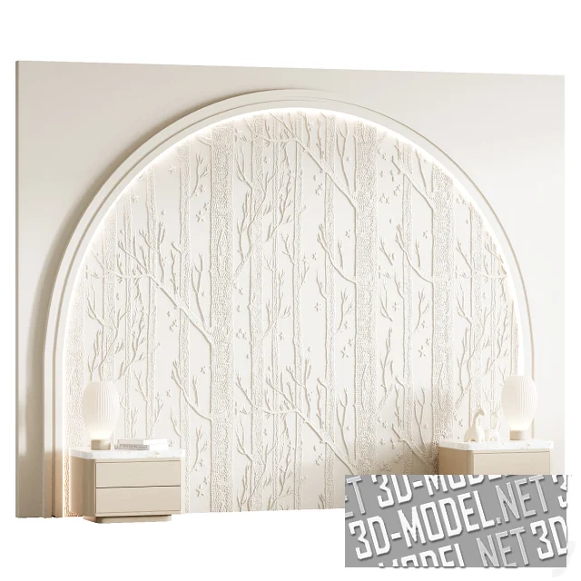 3d-модель Арочное панно в изголовье кровати и прикроватные тумбы