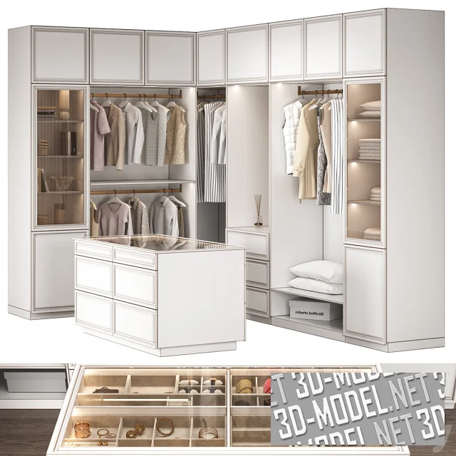 Белая гардеробная с островной секцией и наполнением