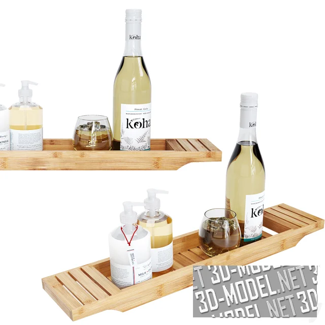 3d-модель Деревянный поднос для ванной с вином и косметикой