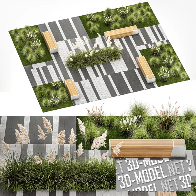 3d-модель Фрагмент городского парка с мощением, растениями и скамейками