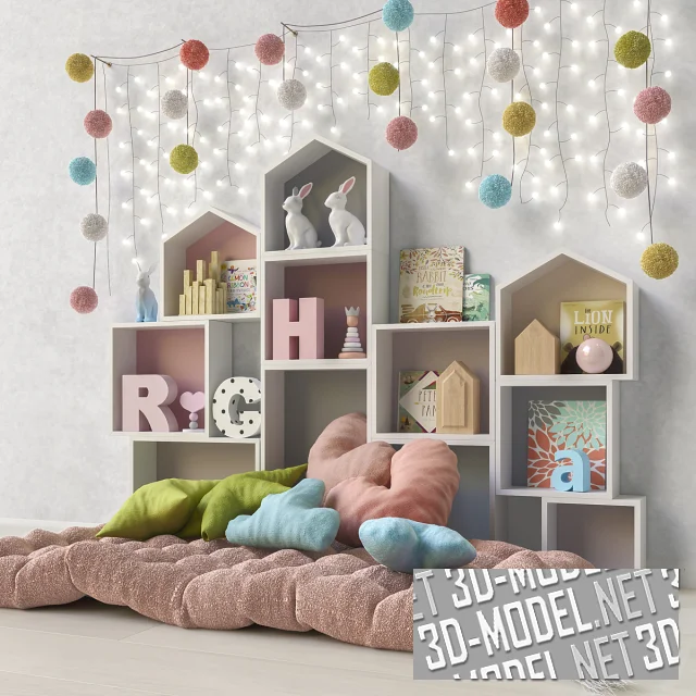 3d-модель Комплект с матрасом Babucci, полкой Holzregal Haus и декором
