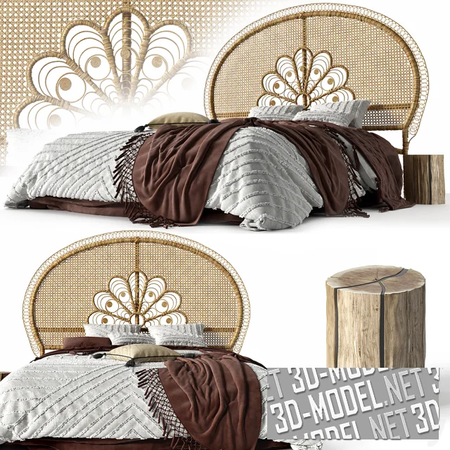 3d-модель Кровать с изголовьем Home Republic Francis Rattan Honey и бельем от Adairs