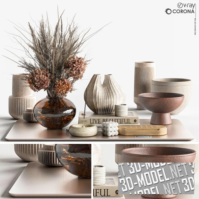 3d-модель Набор декора с керамикой, книгами и букетом