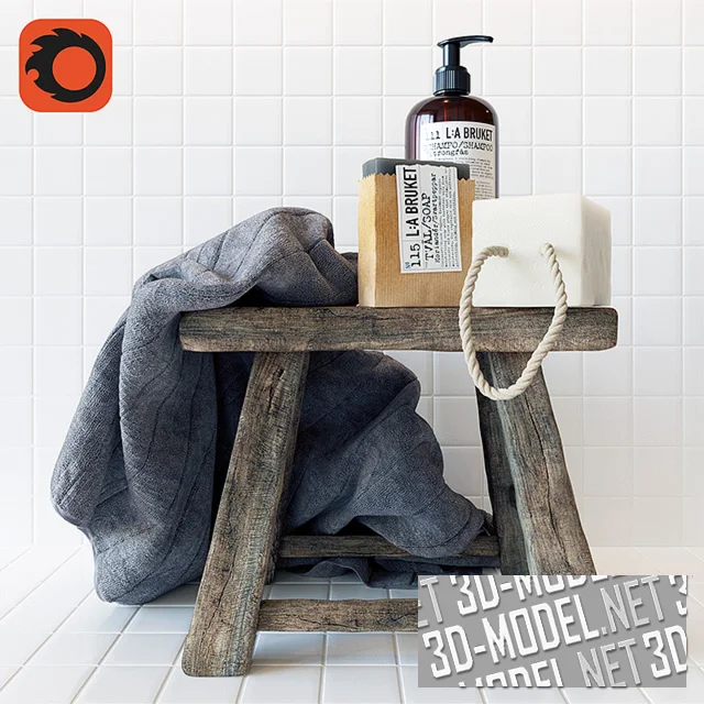 3d-модель Набор для ванной с рустикальным табуретом
