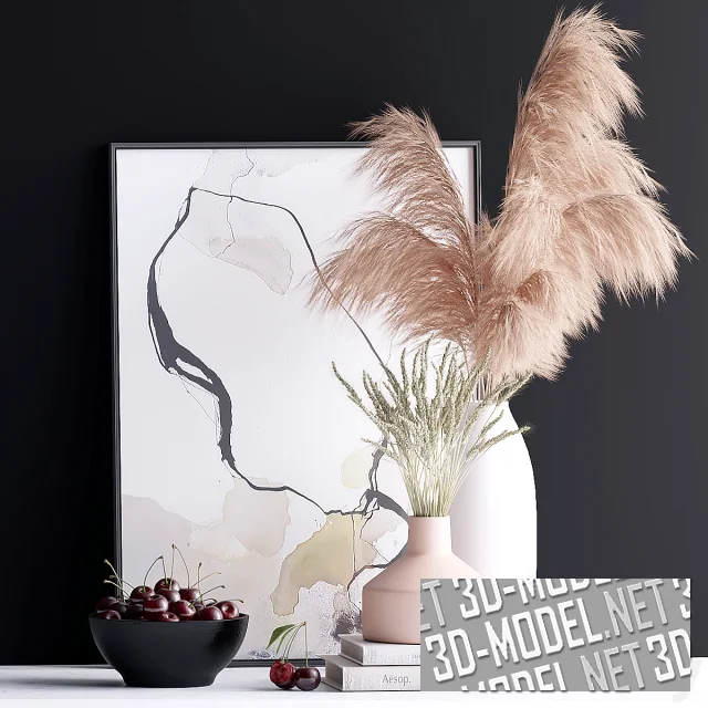3d-модель Набор с пампасной травой, книгами и черешней в вазе