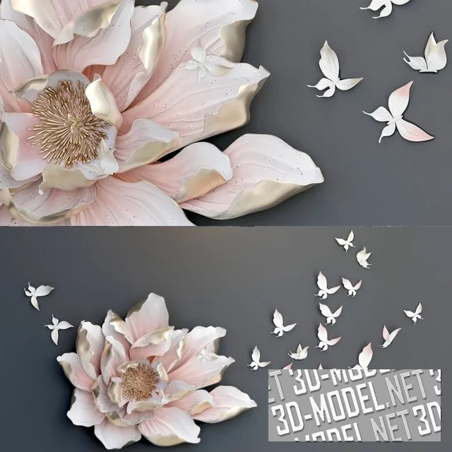 3d-модель Настенный декор «Цветок и бабочки II»