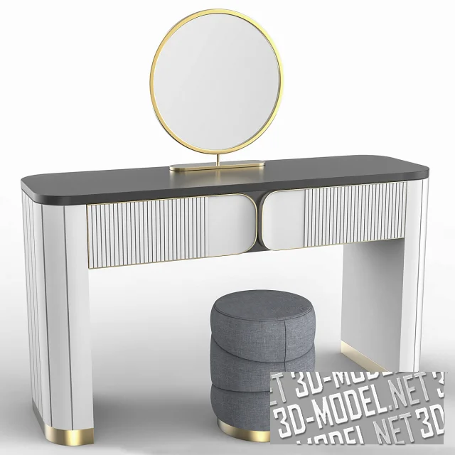 Туалетный столик с зеркалом и серым пуфом