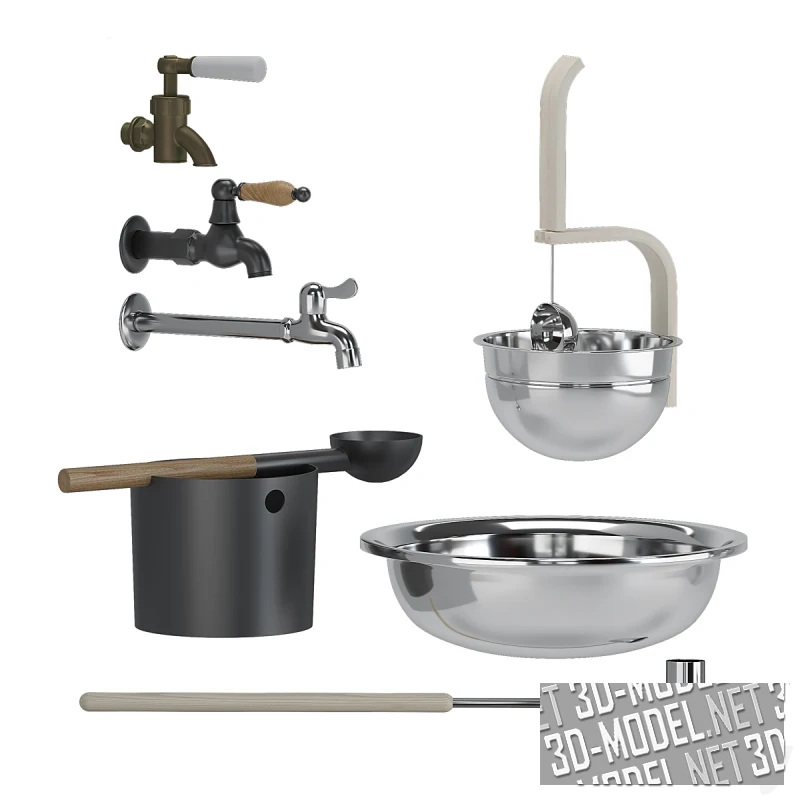 Смесители, раковина, ведро и половник для ванны