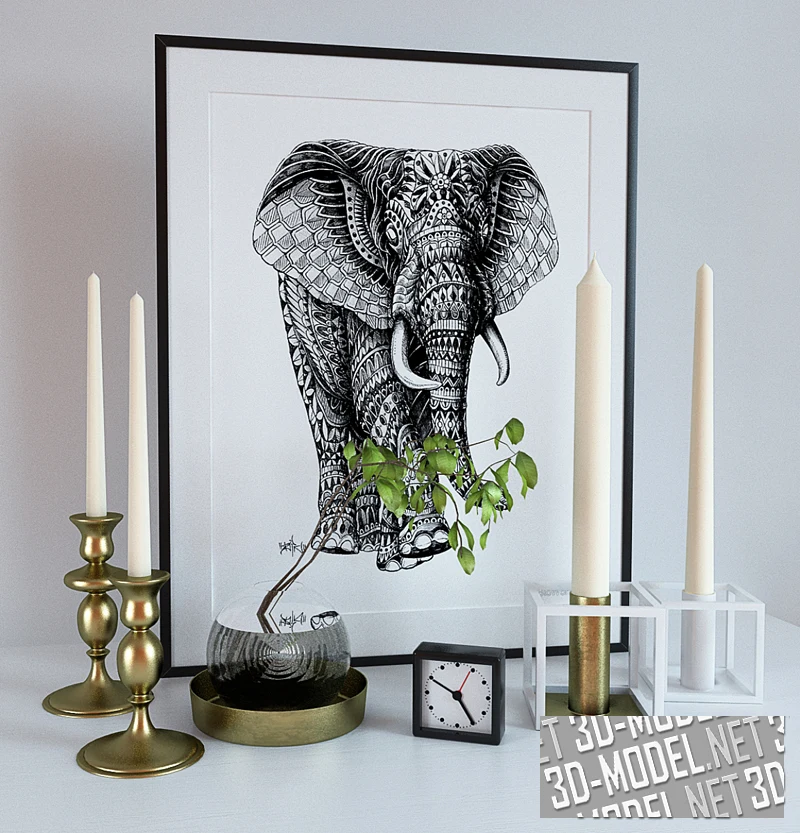 Интерьерный декор - подсвечники, часы, картина, ваза с веткой