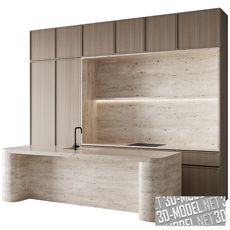 Кухня с островной секцией и отделкой из травертина