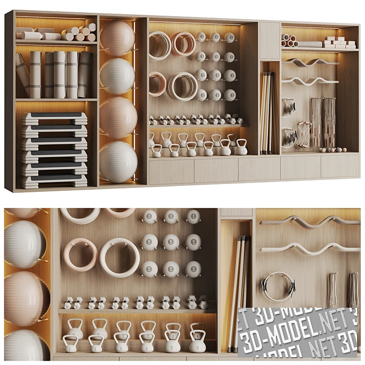 Стеллаж со спортивным оборудованием для зала йоги и групповых занятий фитнесом