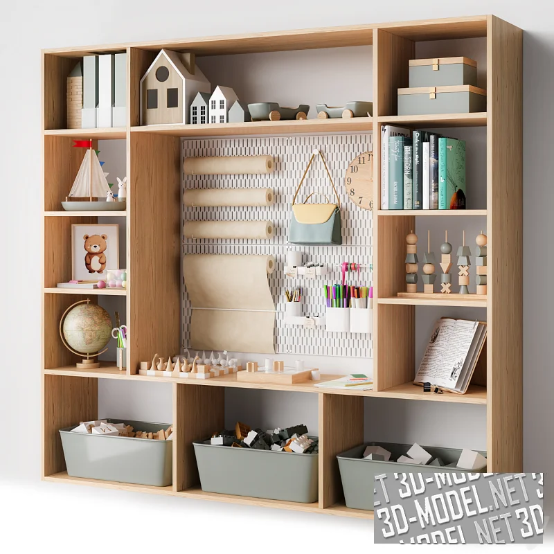 Шкаф-стеллаж с аксессуарами и декором для детской