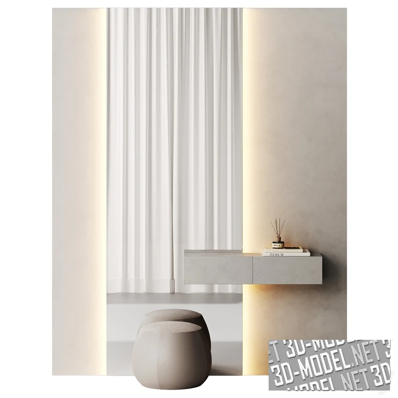 Миниамлистичный консольный столик у зеркала и пуф для прихожей